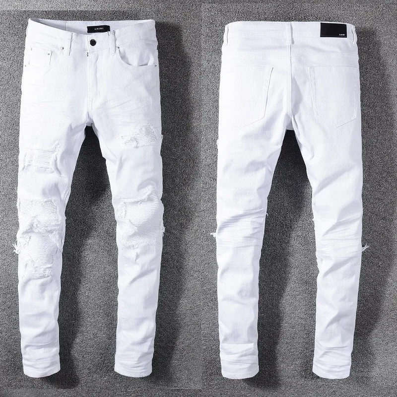 

Мужские Белые облегающие джинсы в стиле Хай-стрит, модная Бандана с разорванными красками, нашивки на ребра, состаренные обтягивающие эластичные рваные джинсы