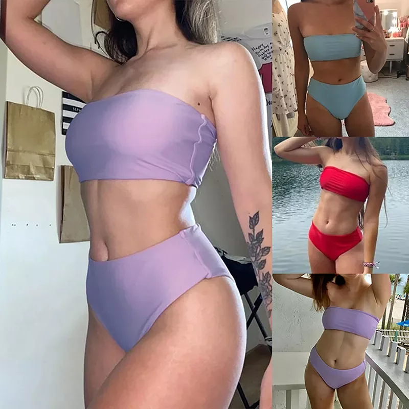 

Женский раздельный купальник, однотонное бикини с высокой талией и завязкой на спине