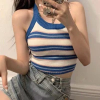 women halter tops sexy crop tops stripes knitted backless strappy women cute bandage crop tops 2022 summer
