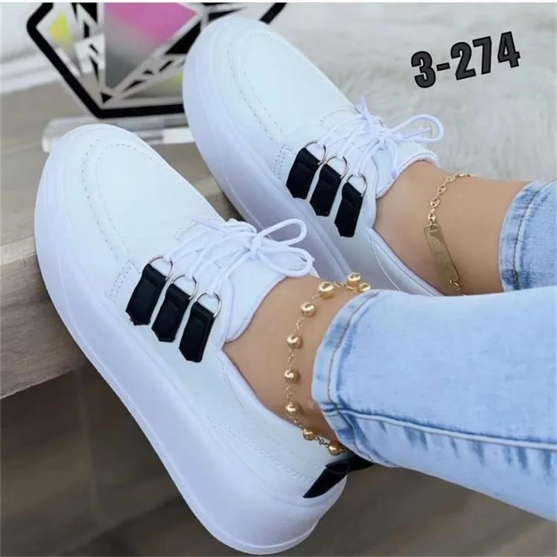 2023 Platform Shoes for Women Solid Color Lace-Up Sneakers Lady Vulcanized Shoes Female Comfort Casual Flats Sport Shoes