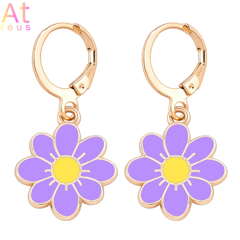 

Purple Color Daisy Flower Earrings For Girls Fresh Cute Korean Style Floral Drop Earrings Gold Plated Christmas Gifts Jewelry