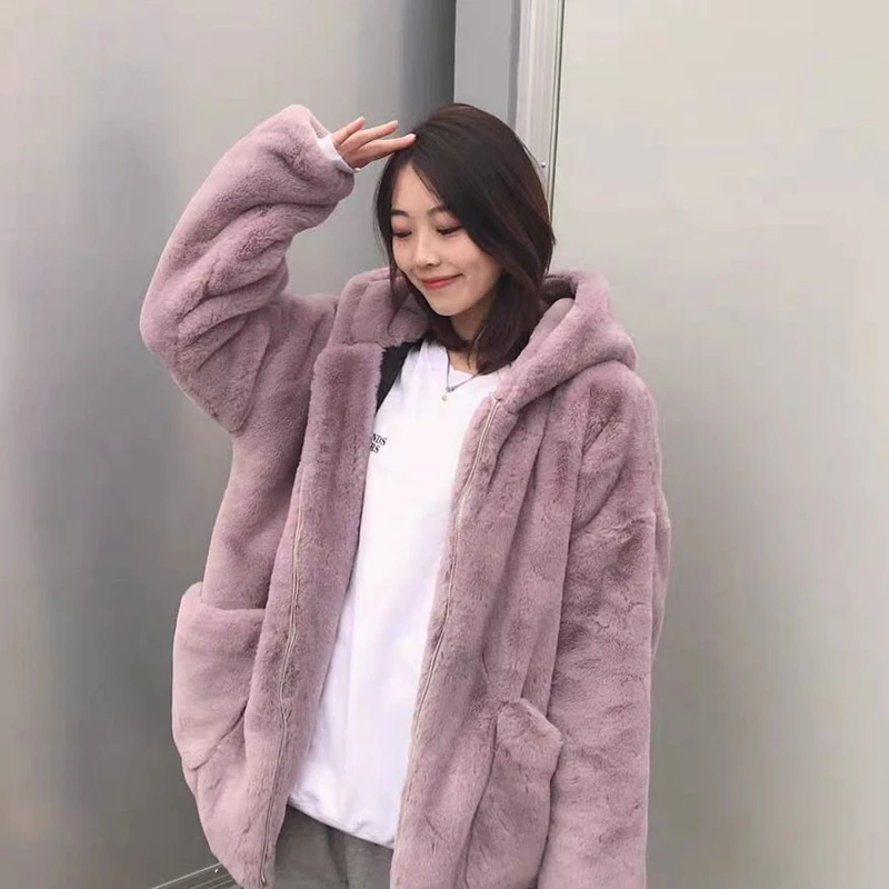 Short Faux Fur Coat Women Fashin High Quality Hooded New Autumn Winter Jacket Female Clothing Loose Thicken Warm Rabbit Fur Tops
