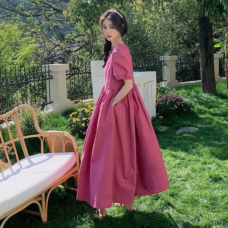 

Летнее розовое повседневное пляжное длинное платье в стиле бохо 2023, элегантное женское облегающее платье макси, корейское однотонное модное винтажное платье с оборками