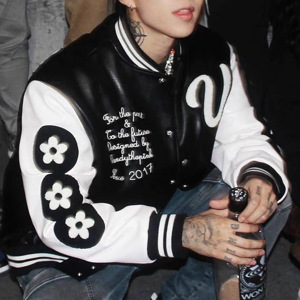 Кожаная бейсбольная куртка с вышивкой в американском стиле High Street мужская