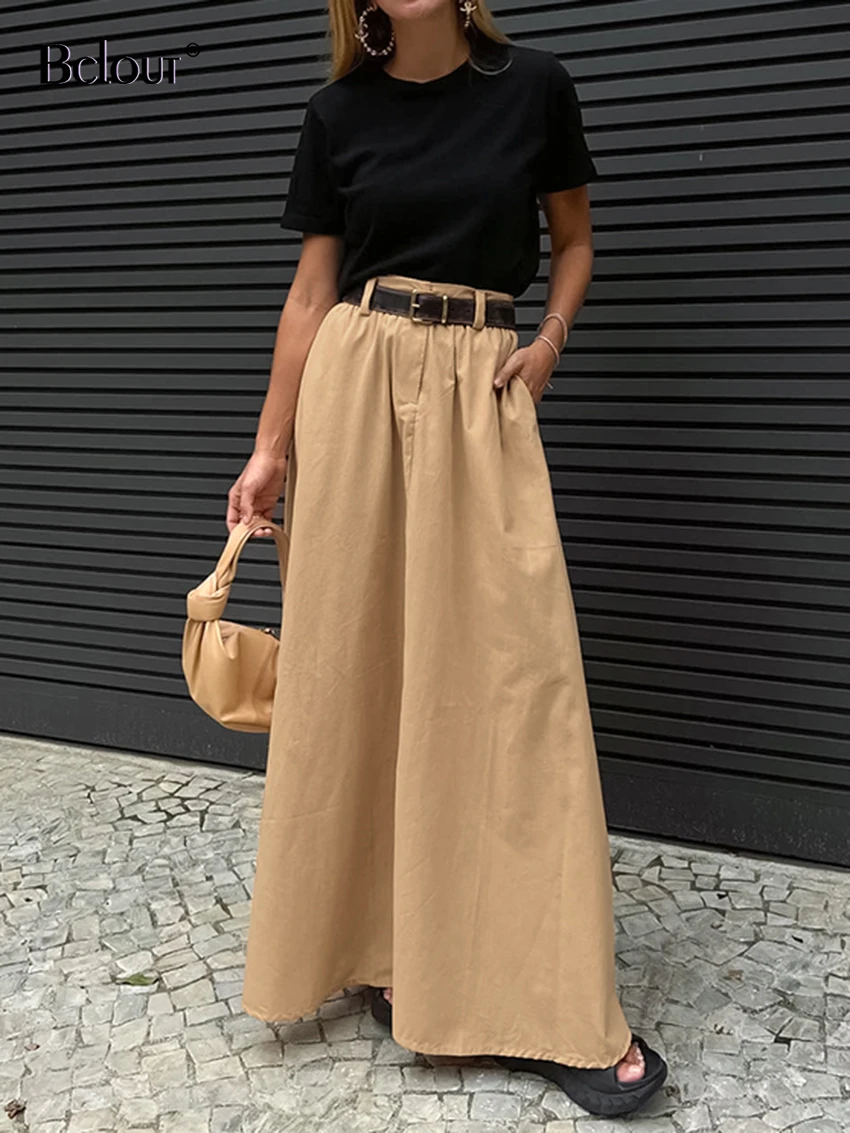

Bclout Summer Khaki Cotton Long Skirts Women Elegant High Waist Office Lady Loose Skirts Fashion Black Party Pleated Skirts 2023