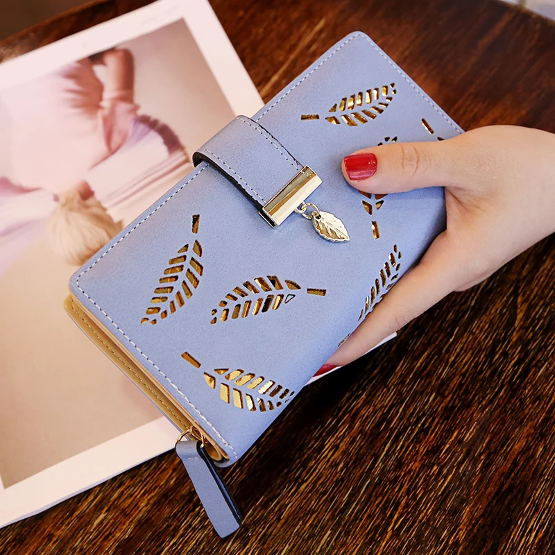 New Women's Wallet PU Leather Lady Female Long Wallet Gold Hollow Leaves Pouch Handbag For Women Coin Purse Card Holders Clutch