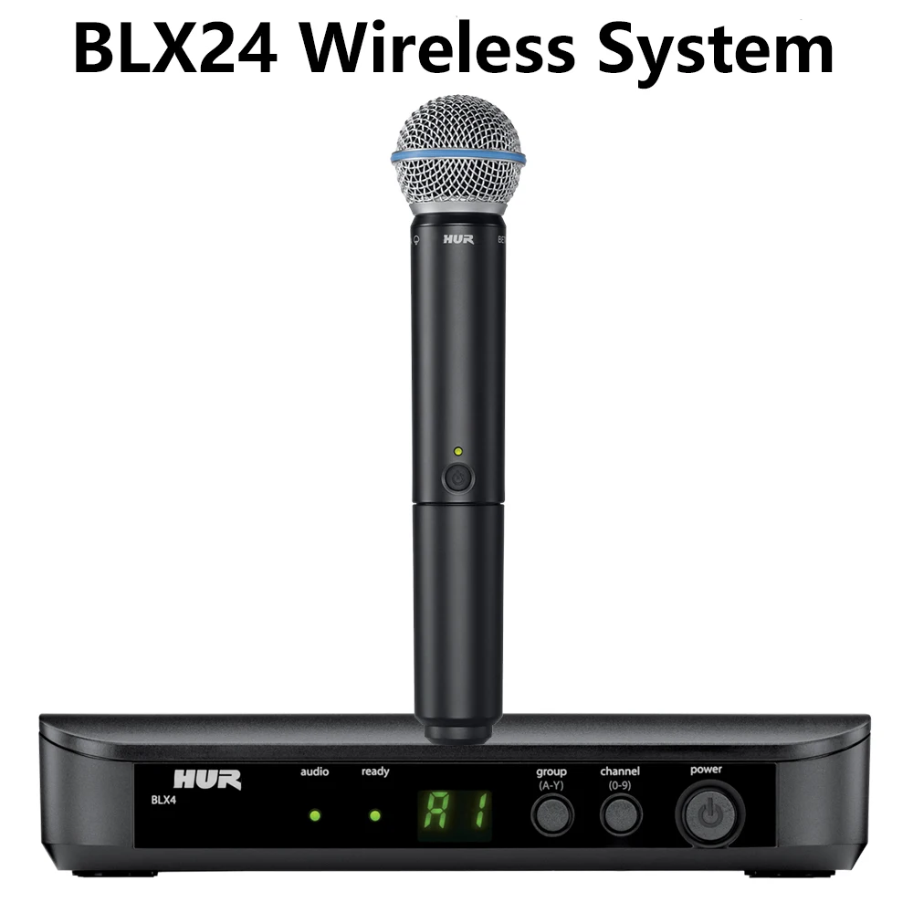 Фото Беспроводная микрофонная система BLX24 BLX4 UHF с микрофонами BETA58A, PG58A, S58 для караоке, сценических выступлений, пения, церковных мероприятий и выступлений. №1