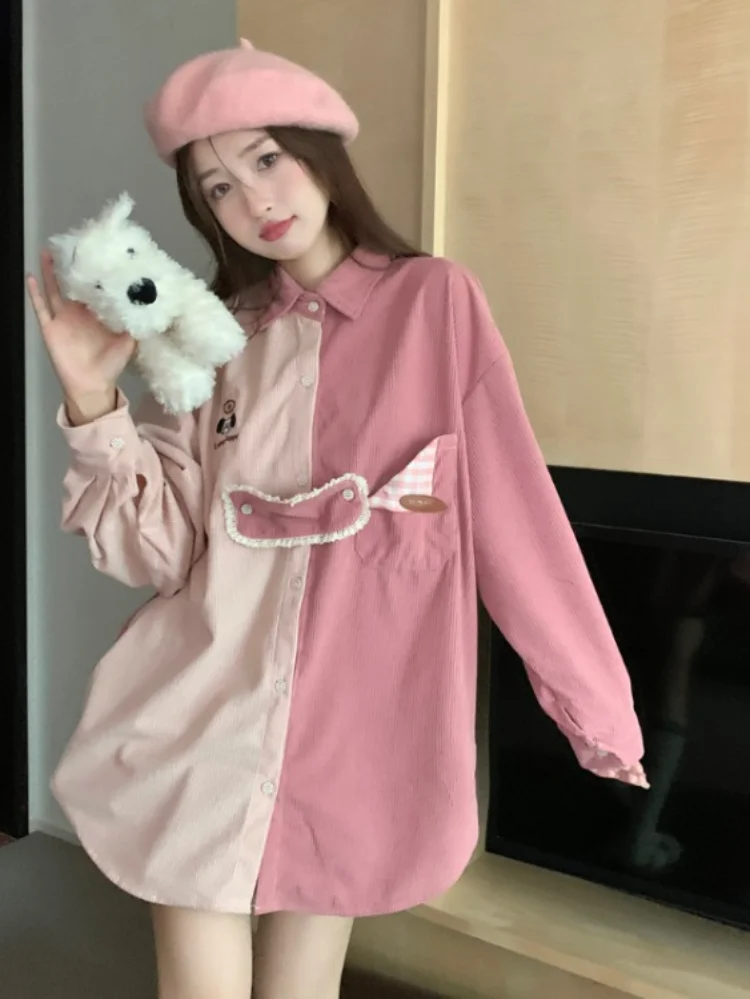 

2023 Spring Loose Women Blouse Vintage Contrast Color Patchwork Casual Shirts Long Harajuku Sexy Embroidery Y2k Aesthetic Blusas