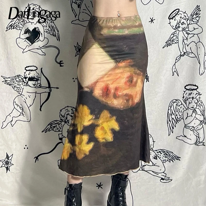 

Darlingaga Vintage Y2K Aesthetic Painting Printed Straight Long Skirt Summer 2000s Frill Harajuku Pencil Skirt Women High Waist