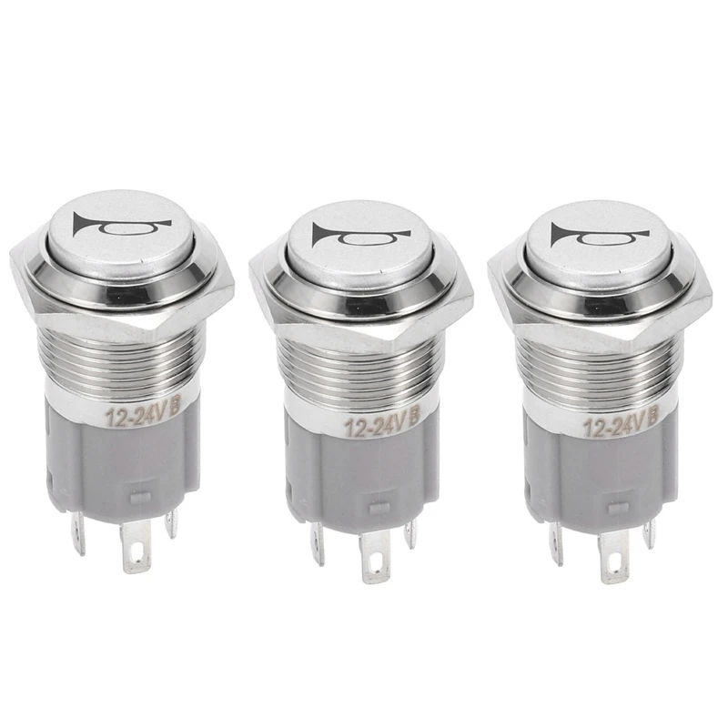 

3X 12V 16Mm Car LED Light Momentary Horn Button Metal Switch Push Button Blue