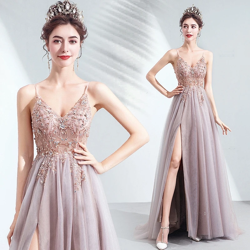 

Dusty Pink Celebrity Dresses Beading Spaghetti Strap V-Neck A-Line High Split Backless Banquet Evening Party Prom Gowns 2023 New