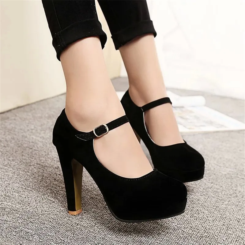 2021 Sexy Mary Janes New Women OL High Heels Black Flock Women Pumps Female Platform Winter Thick with Autumn Round Single Shoes
