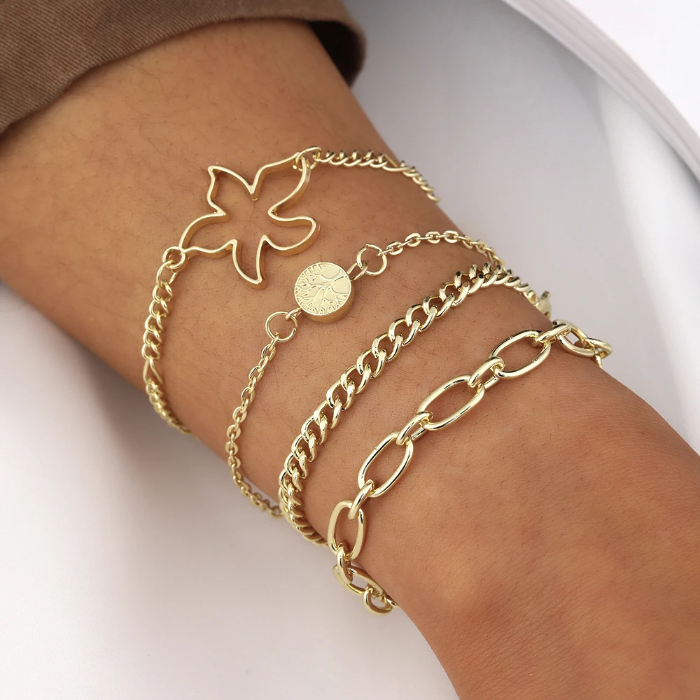

Bohemian Beaded Bracelets for Women Pretty Flowers Leaf Hollow Out Geometry Adjuatble Tassel Stainless steel Jewelry 4 pcs/sets