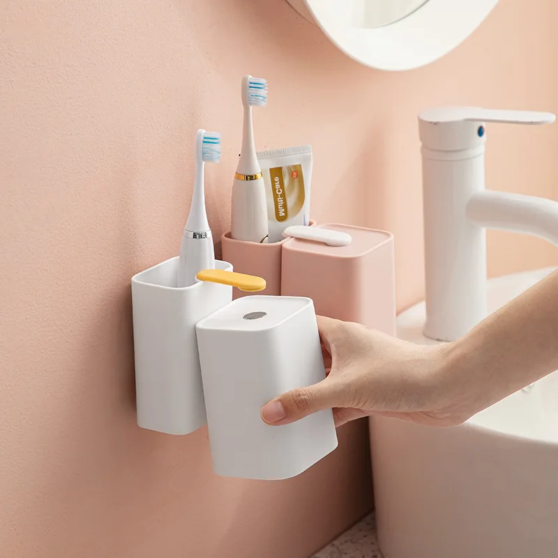 

Bathroom Wall-mount Toothbrush Cup Set Combination Home Magnetic Suction Mouthwash Upside Down Dustproof Wash Cup Storage Shelf