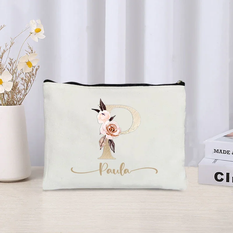 

Модная сумка для косметики с цветочными буквами, дорожный косметический Органайзер с именем под заказ, Женская холщовая Боковая Сумка для свадебного подарка