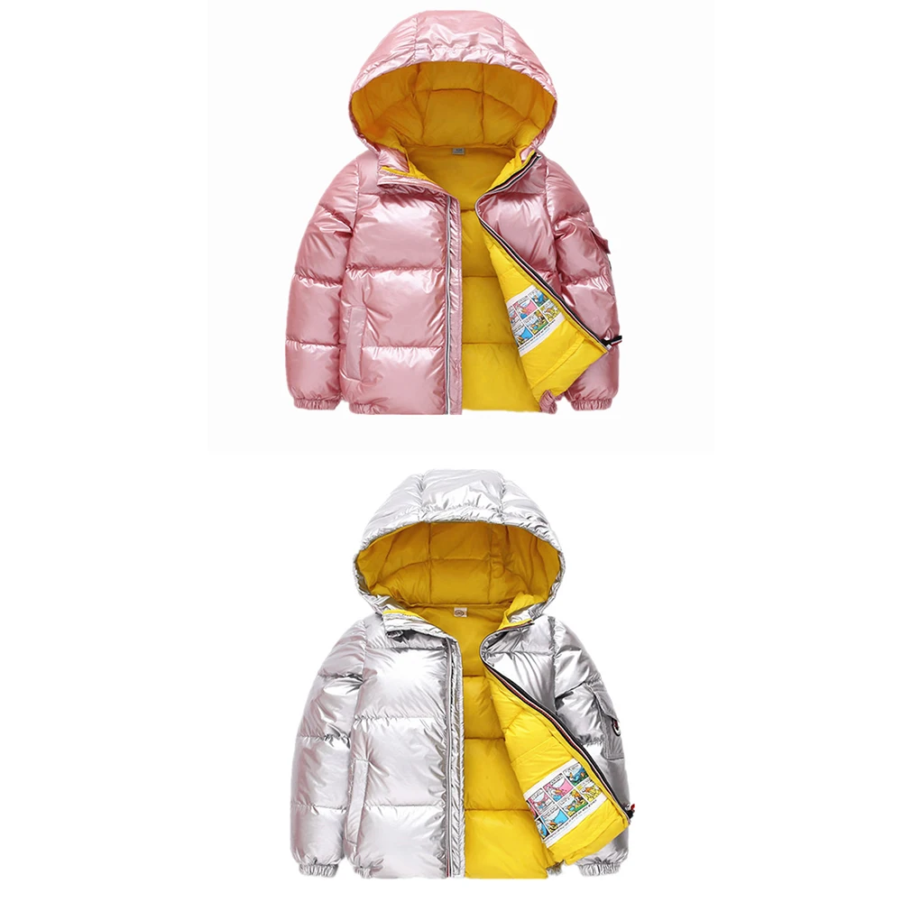 

Short Hooded Down Silver Jackets Kid Autumn Winter Thicken Warm Outerwear Outdoor Sport Casual Clothes for Girls