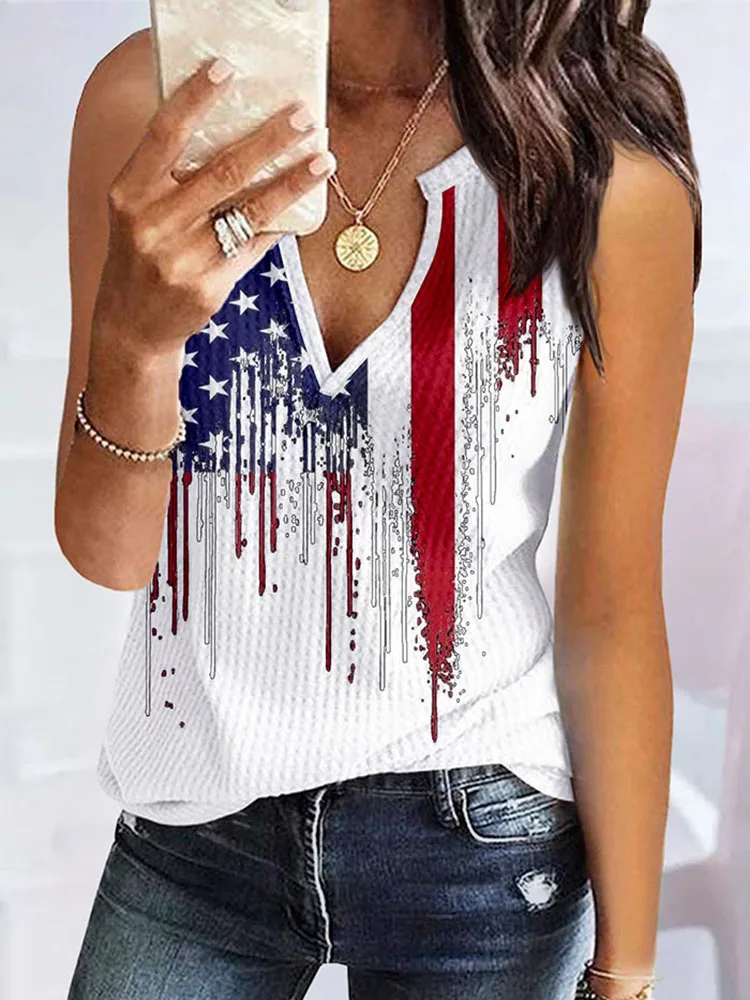 

Women American Flag Waffle V-Neck Tank Top Colorful Printed Sleeveless Patriotic Shirts Summer Casual Vest Summer 4th of July
