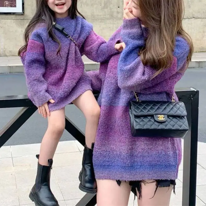 

Mother Daughter Long-Sweaters Dress 2022 New Mommy and Me Soft Wool Knitted Tops Pullover for Family Look Matching Clothes