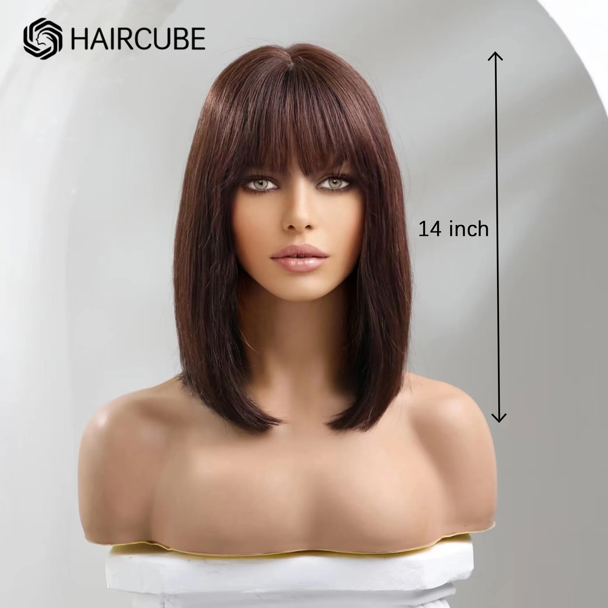HAIRCUBE Chestnut Brown Bob Human Hair Wig with Bang Shoulder Length Full Machine Made Remy Straight Human Hair Wigs for Women