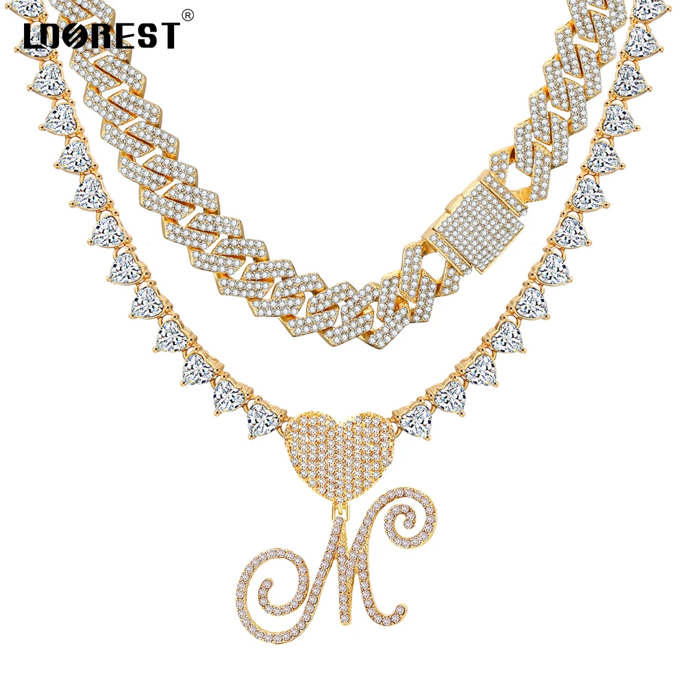 Купи Hip Hop Bling Cursive Letter Heart Necklace Layered 14MM Prong Cuban Link Chain Necklace Set For Women Men Punk Iced Out Jewelry за 419 рублей в магазине AliExpress