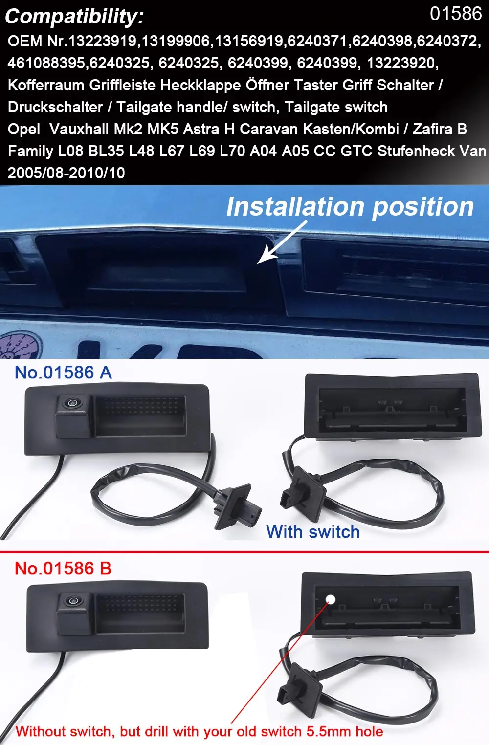 Фото Ручка багажника, автомобильная камера заднего вида для Opel Vauxhall Mk2 MK5 Astra H Caravan Kasten Kombi Zafira B Family L08 BL35 L48L67 L69 L70 №2