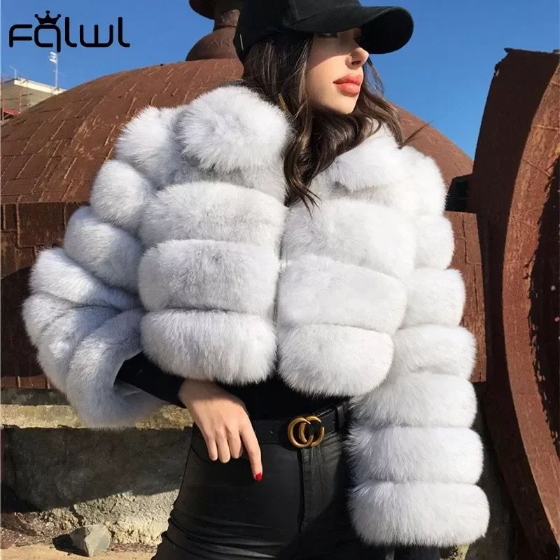 

FQLWL Casual White Black Fluffy Fall Winter Faux Fur Coat Women Jacket Long Sleeve Cropped Puffer Fur Jacket For Women Outwear