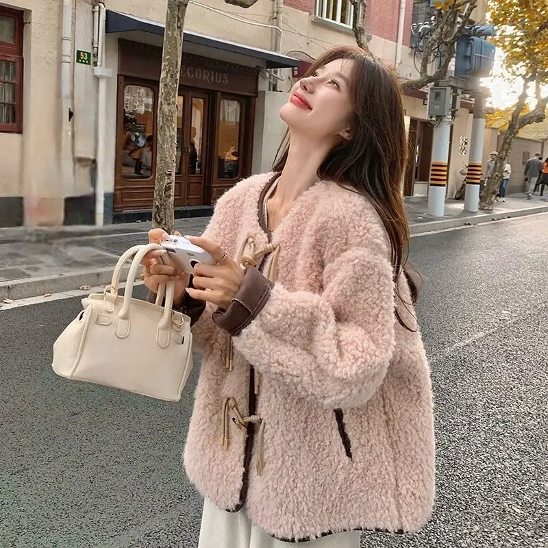 Korejpaa Розовое пальто с мехом ягненка Женская осенне-зимняя одежда Корейская мода