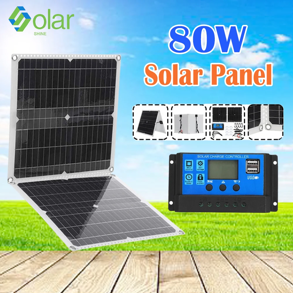 

80W Foldable Solar Panel Kit Complete Solar Cells Battery Outdoor Charger with Controller for Phone Car RV Boat Power Charging