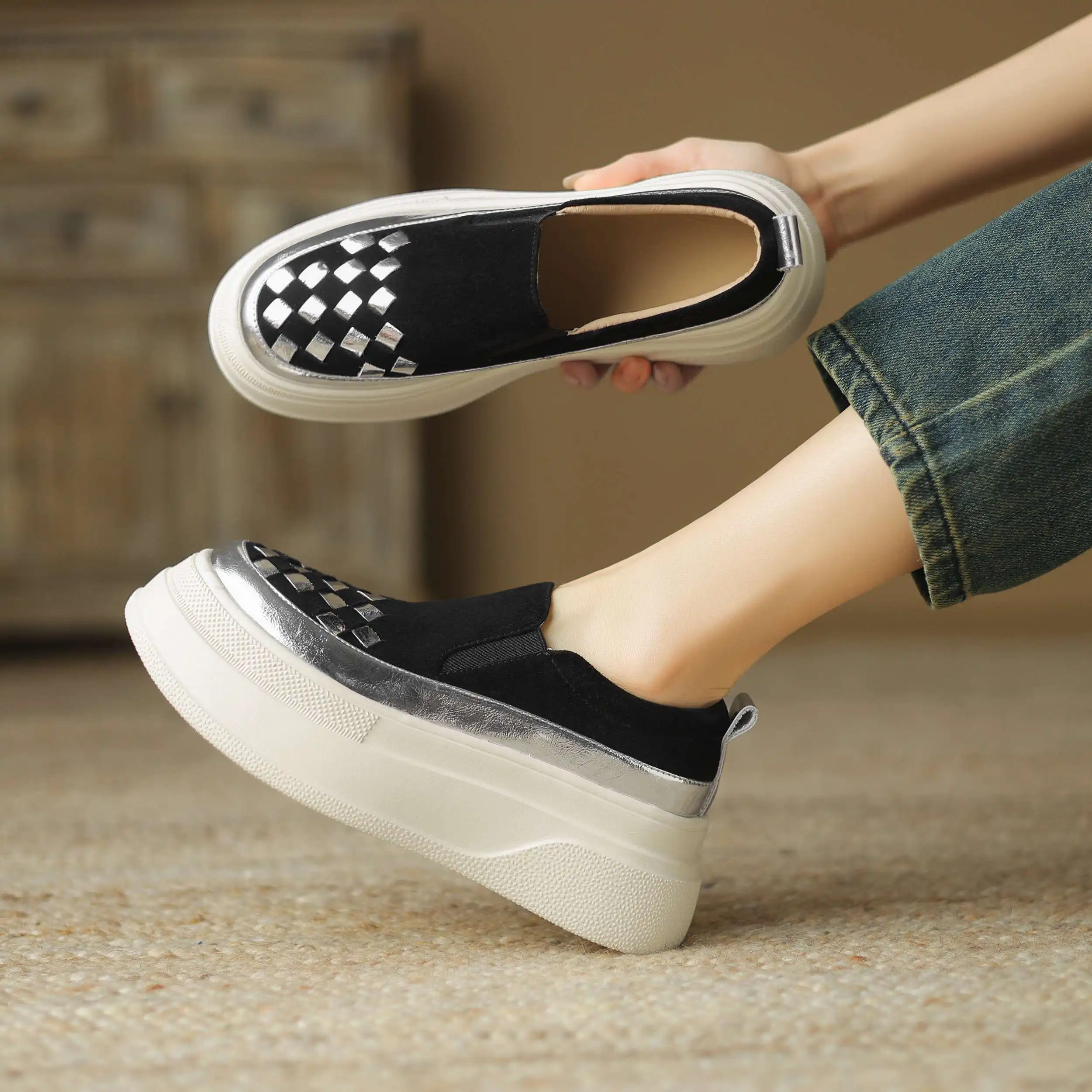 Lanxuryee овечья замша высокий каблук толстая подошва повседневная Весенняя женская