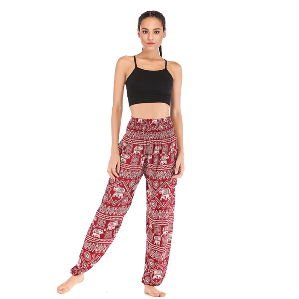 Summer Women Bohemian Floral Print Long Pants Elastic High Waist Vintage Harem Pant Boho Casual Beach Trousers