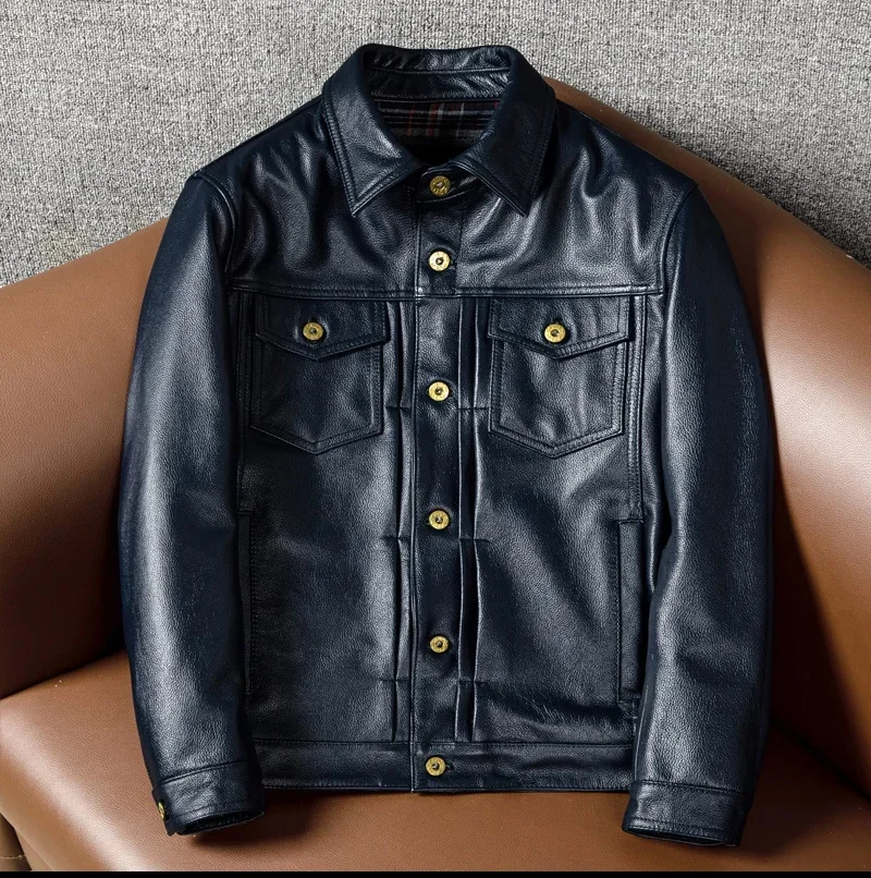Купить Best.2025 новая качественная куртка из телячьей кожи. Мужское синее