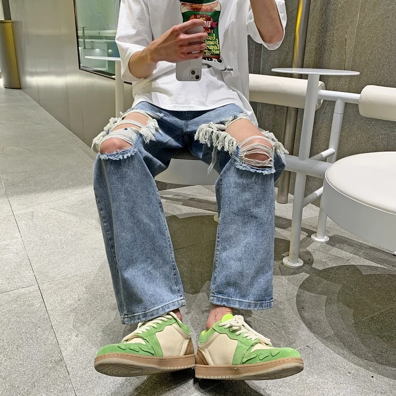 Summer Blue Ripped Jeans Men Fashion Casual Straight Jeans Men Streetwear Loose Hip Hop Hole Denim Pants Mens Trousers S-3XL