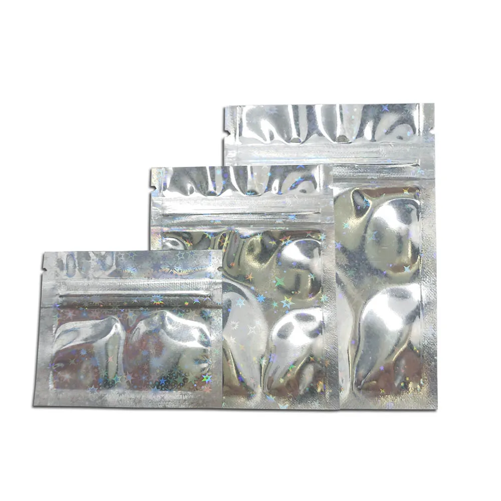 

Resealable Flat Zip Lock Star Hologram Printing Aluminum Foil Bag 100pcs/lot Retail Grip Seal Mylar Candy Gift Packing Pouches