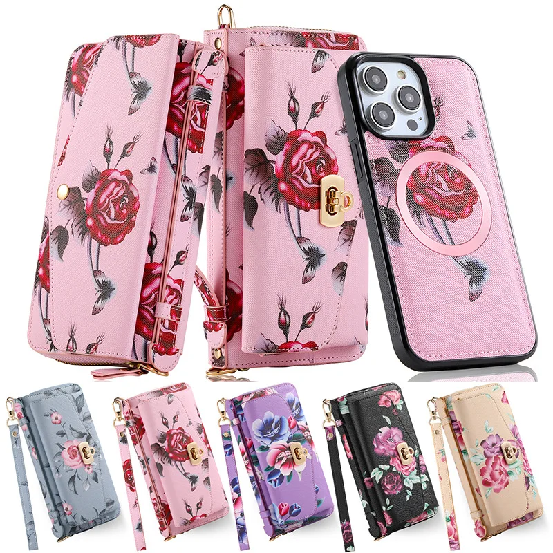 

For iPhone14 13 12 11 X XS pro max Card Insertion Wallet Back Cover Case Shoulder Strap Bag Handbag Vanity Mirror Mag Safe Case