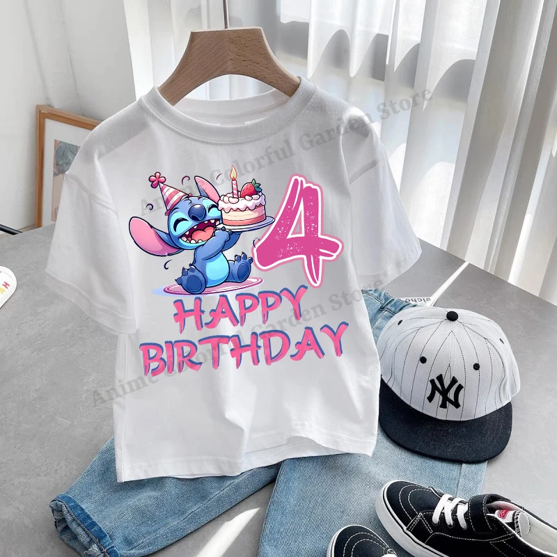 Фото Disney Stitch Number 1-10 T-shirts for Children Anime Cartoon Cute Short Sleeved Shirt Boys Girls Birthday Clothing Kids Clothes №4