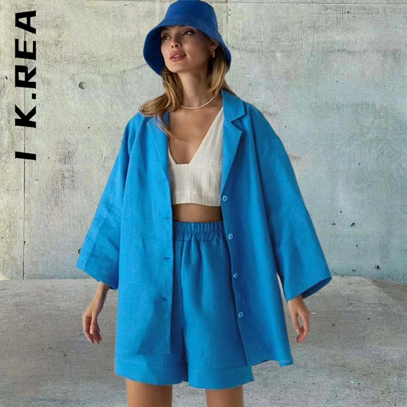 

I K.Rea Spring Summer Women Set Elegant Short Pants Party Retro 100% Cotton Two Piece Sets Loose Women's Tracksuit Set Female
