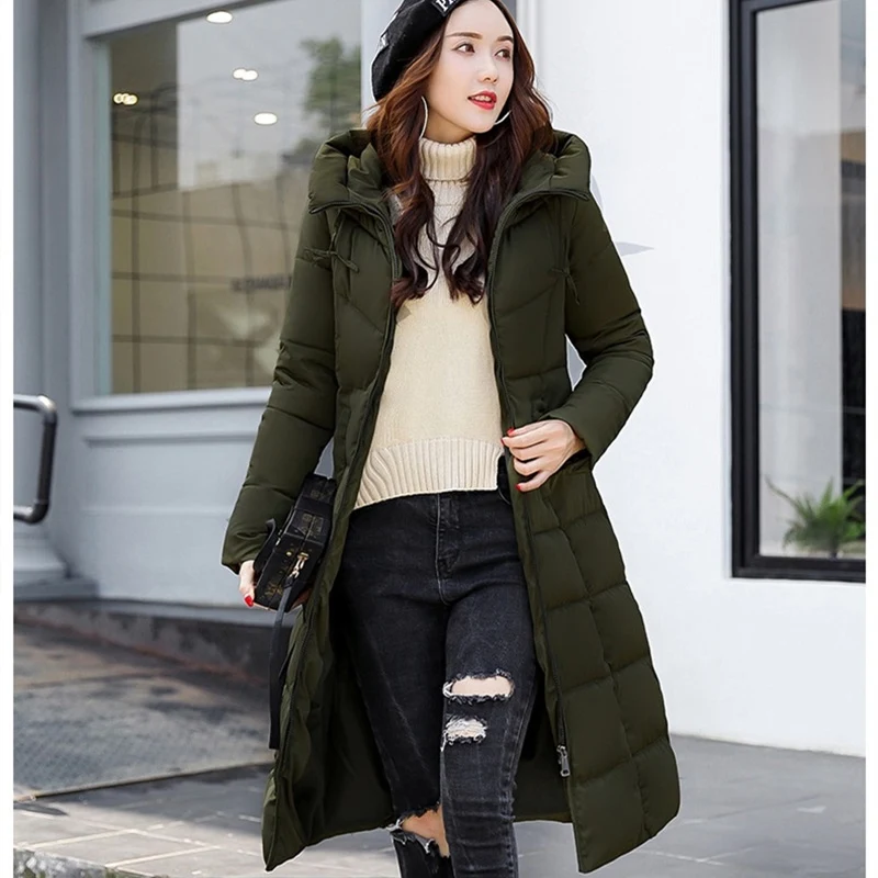 Winter Long Parkas Jackets Women 2022 Thicken Warm Hooded Padded Jackets Knee Lenght Casual Solid Cotton Coats Female OutWear