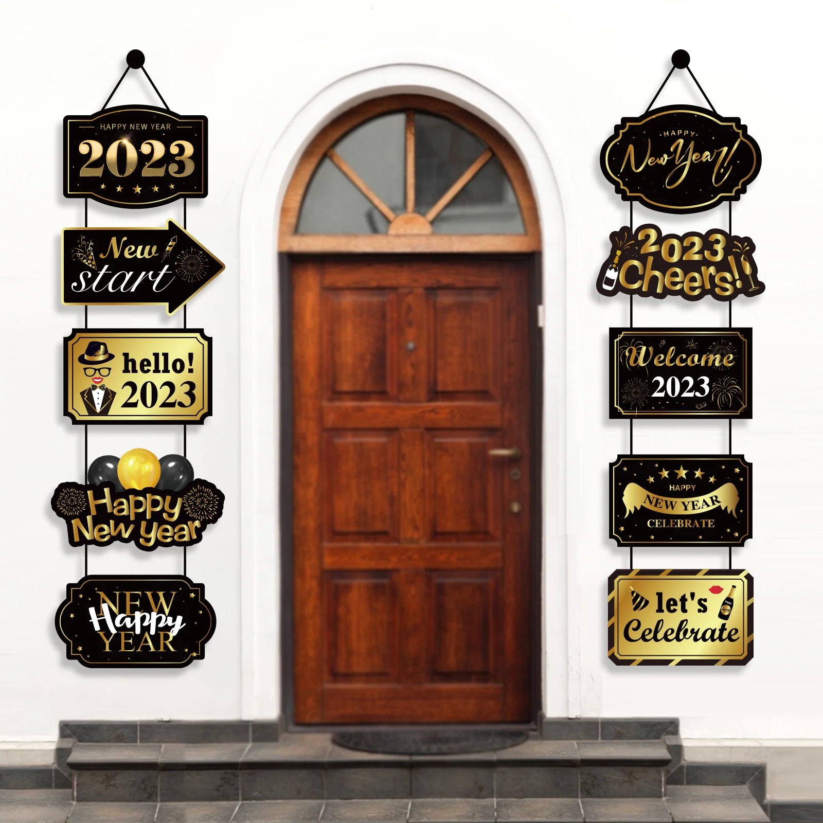 

Gold Hello 2023 Happy New Year Party Celebrating Wall Door Hanging Banner Door Couplets Rabbit New Year Party Decorations