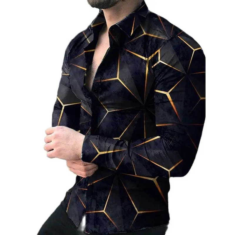 

Three Dimensional Geometric Shirts 3D Print Streetwear Men's Casual Fashion Long Sleeve Turn-Down Collar Button Shirt Male Tops