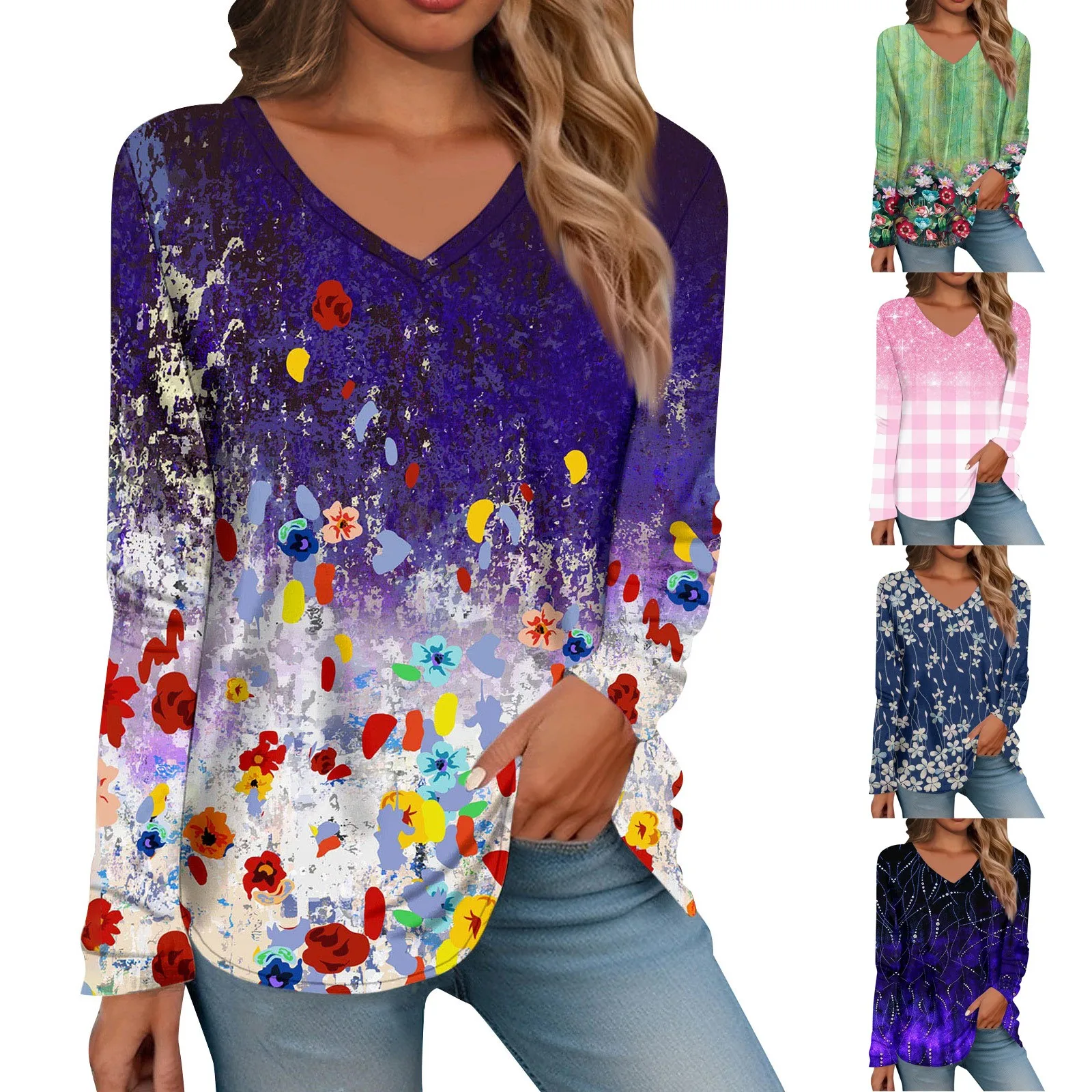 

Women's Blouses Christmas Shirt Santa Claus Print Long Sleeve Print Party Tees Autumn V-Neck Top Clothing Casual Ladies Pullover