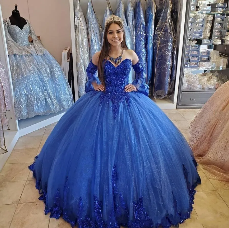 

ANGELSBRIDEP Cheap Quinceanera Dresses Detachable Sleeves Ball Gown Applique Royal Blue Sweet 16 Princess Party Gowns Plus Size