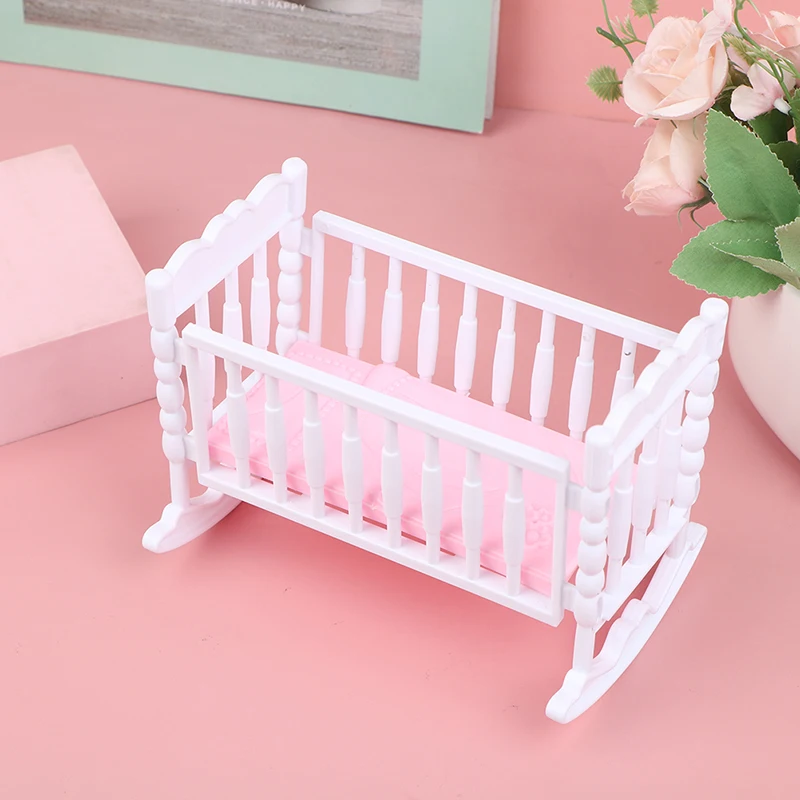 

1PC Doll House Light Pink White Baby Doll Shaker Toy Accessories Bed Cradle Crib Doll House Accessories Decor