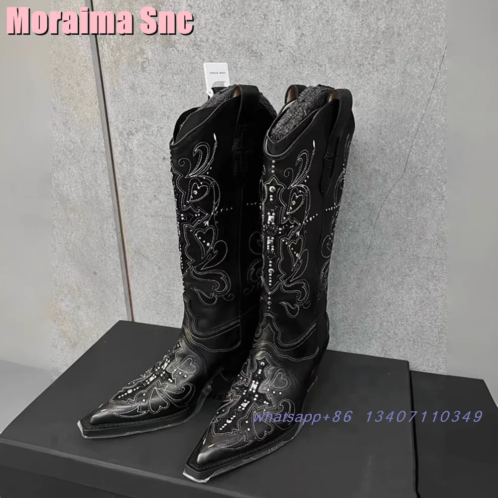 Женские Длинные мотоциклетные ботинки с острым носком и вышивкой в стиле ретро