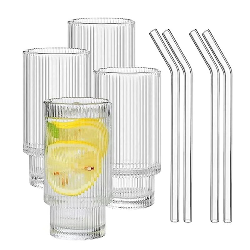 

Винтажные стеклянные стаканы в рубчик, 4 комплекта, стаканы для питья, стаканы, штабелируемые стеклянные чашки 16 унций с соломинкой