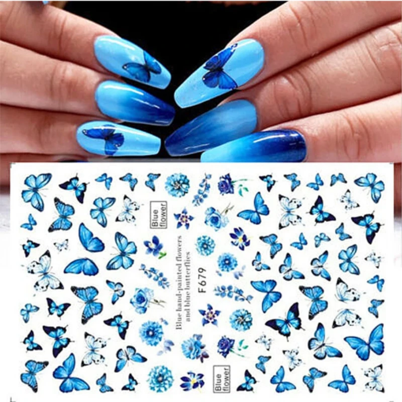 

1 лист 3D наклеек для ногтей с синими бабочками цветные цветы листья Переводные Слайдеры для ногтей осенние наклейки с листьями Фольга для ма...