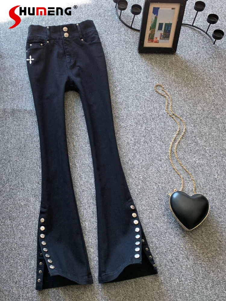 

Streetwear Elastic Cotton Denim Flare Jeans Woman 2022 Fall New Split Slim Fit Button Stretch Thin High Waist Black Jeans Mujer