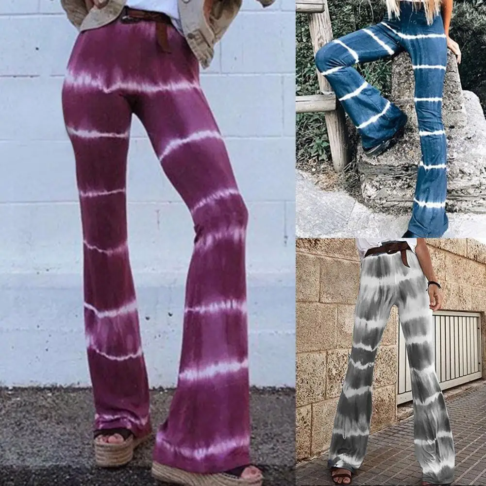

High Cut Elastic Waist Women Trousers Control Tummy Women Tie Dye Print Flared Pants Streetwear