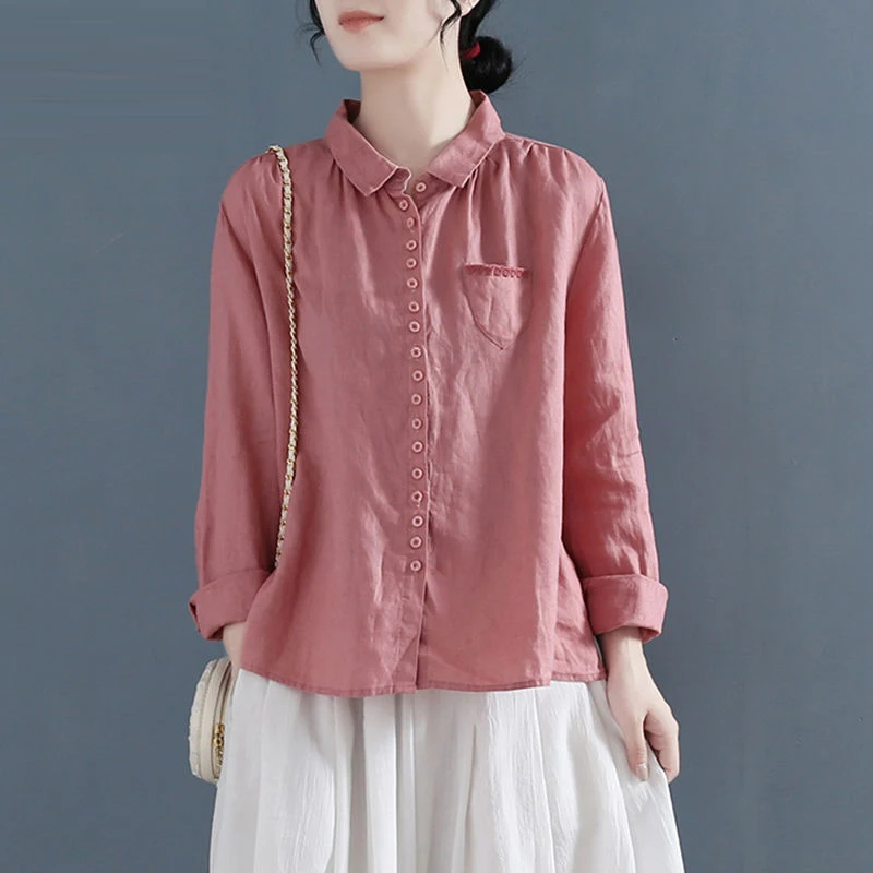 

2022 Spring Arts Style Women Long Sleeve Loose Casual Shirts Single Breasted Cotton Linen Turn-down Collar Vintage Blouse V865