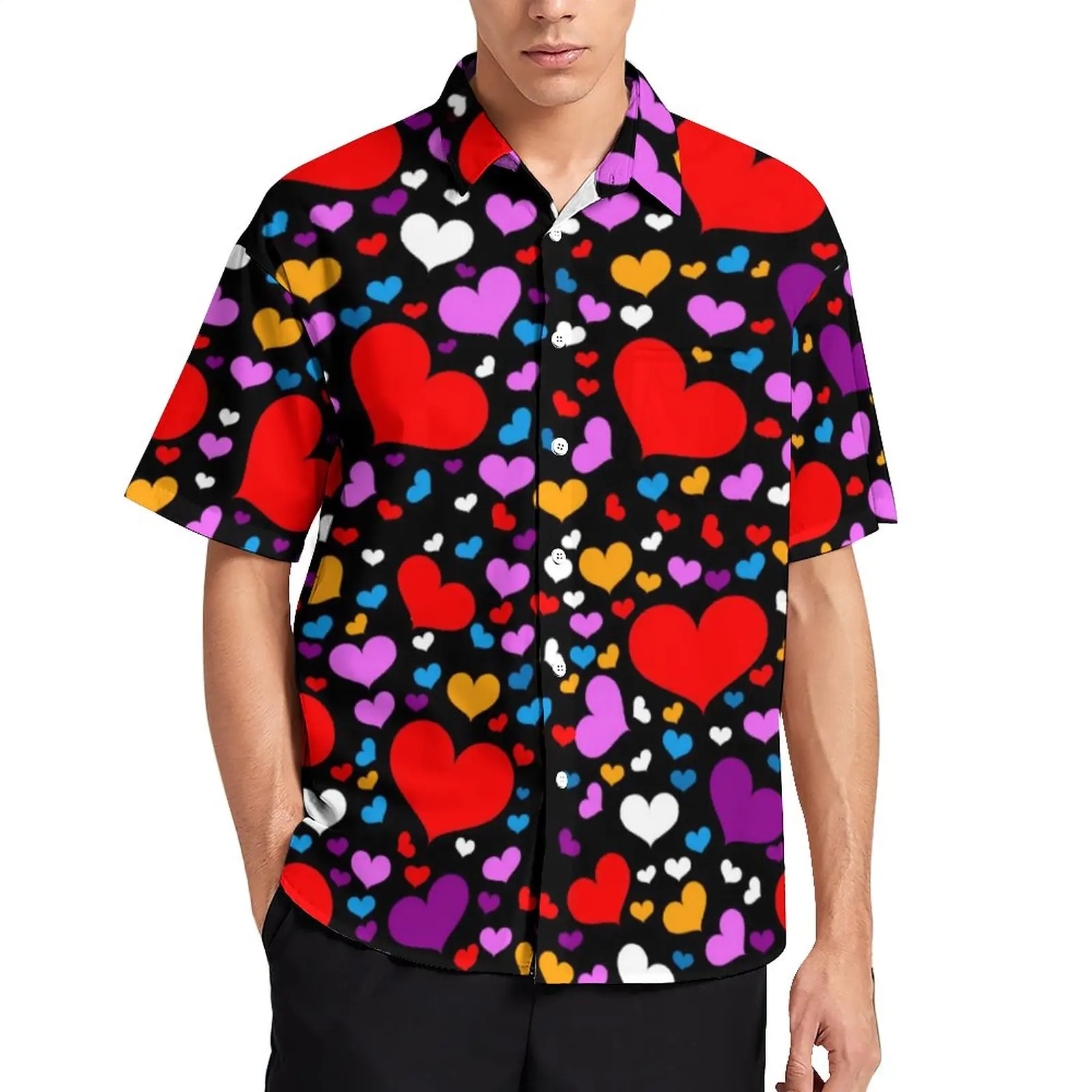 

Colorful Heart Prints Beach Shirt Mens Valentines Day Casual Shirts Hawaiian Short-Sleeve Print Trending Oversized Blouses Gift