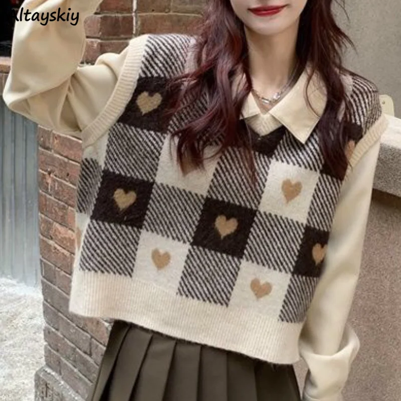 

Knitting Sweater Vests Women Sweet Love Plaid Classic Retro All-match High Street Ins Cropped Females Gentle V-neck Tops Casual
